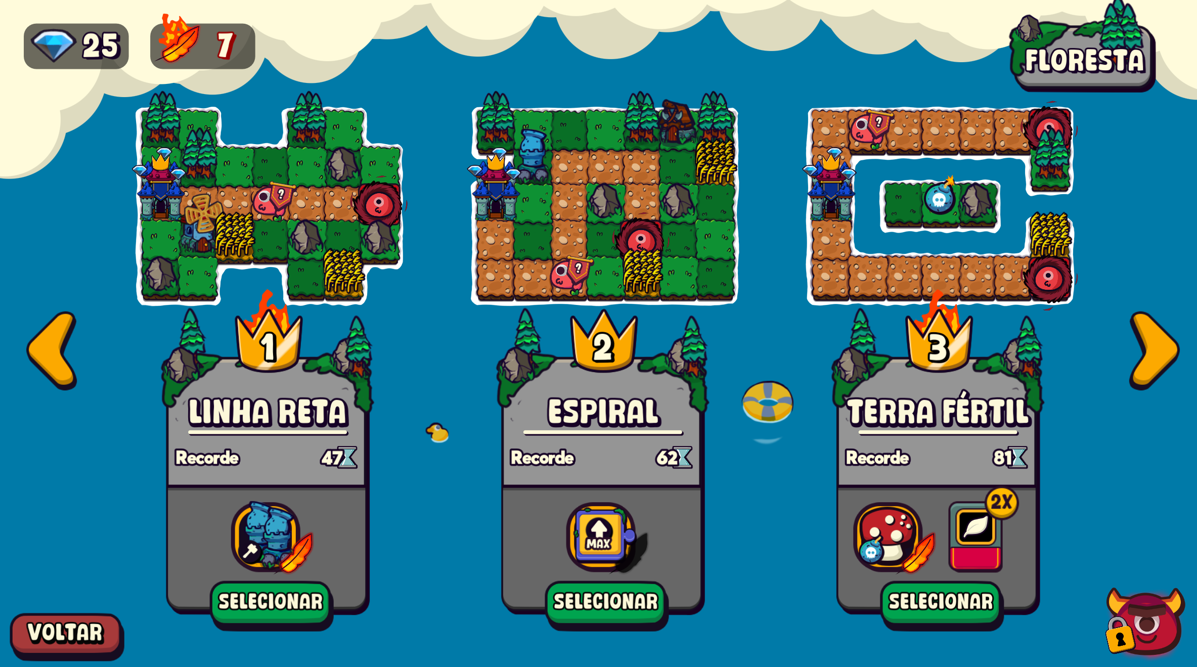 Menu organizado mostra a sequencia de fases do mundo 1. Clicando na direita você irá para o mundo a seguir com também três fases.